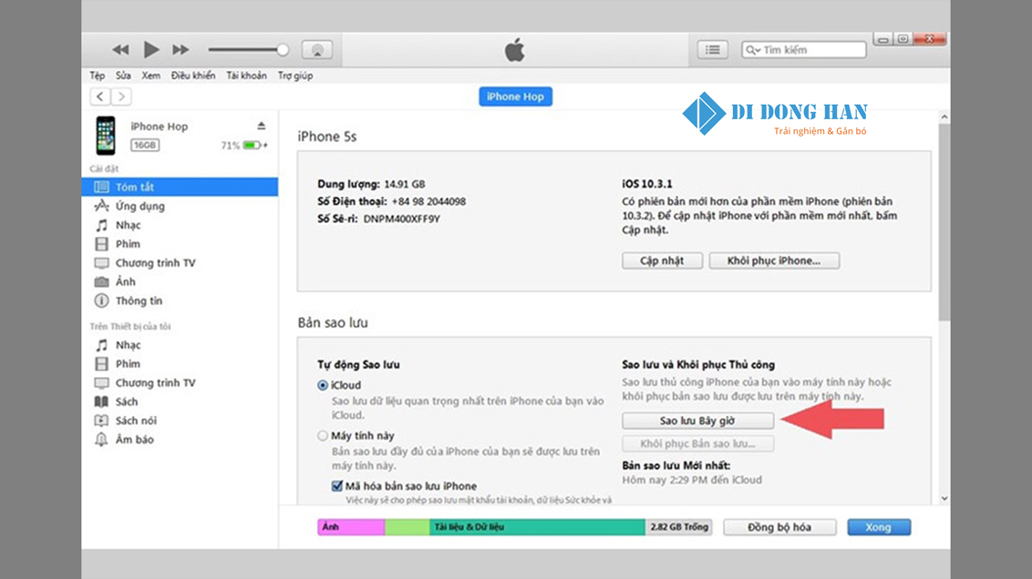 Bước 3 dùng iTunes để backup dữ liệu và phục hồi khi quên mật khẩu iPhone.jpg
