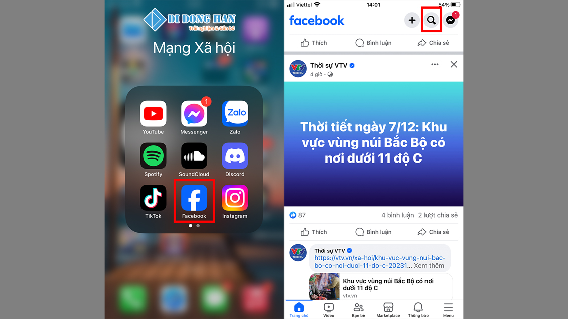 mở ứng dụng facebook và chọn biểu tượng tìm kiếm hình kính lúp.jpg